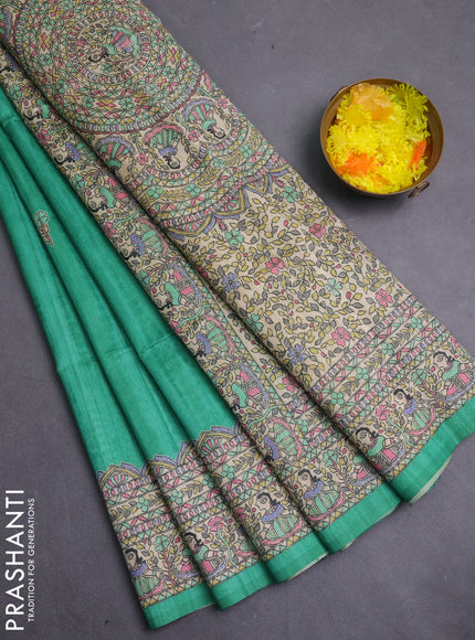 Semi tussar saree green and beige with butta prints and madhubani printed pallu & border