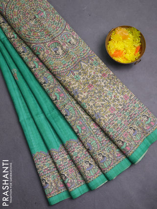 Semi tussar saree green and beige with butta prints and madhubani printed pallu & border