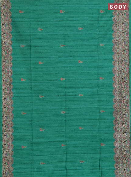 Semi tussar saree green and beige with butta prints and madhubani printed pallu & border