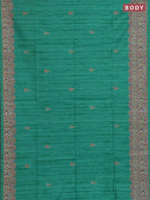 Semi tussar saree green and beige with butta prints and madhubani printed pallu & border