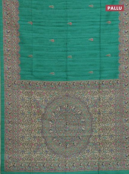 Semi tussar saree green and beige with butta prints and madhubani printed pallu & border