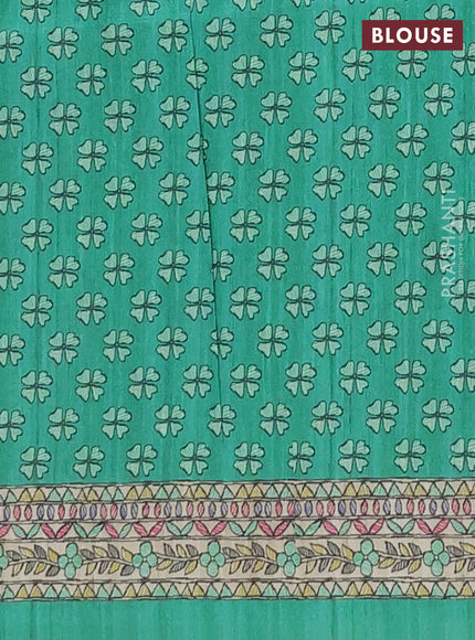 Semi tussar saree green and beige with butta prints and madhubani printed pallu & border