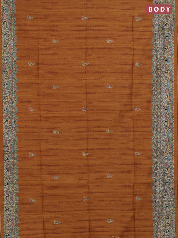Semi tussar saree dark mustard and beige with butta prints and madhubani printed pallu & border