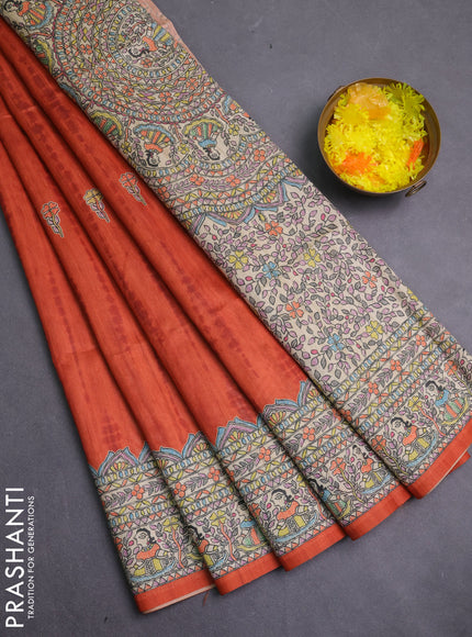 Semi tussar saree orange and beige with butta prints and madhubani printed pallu & border