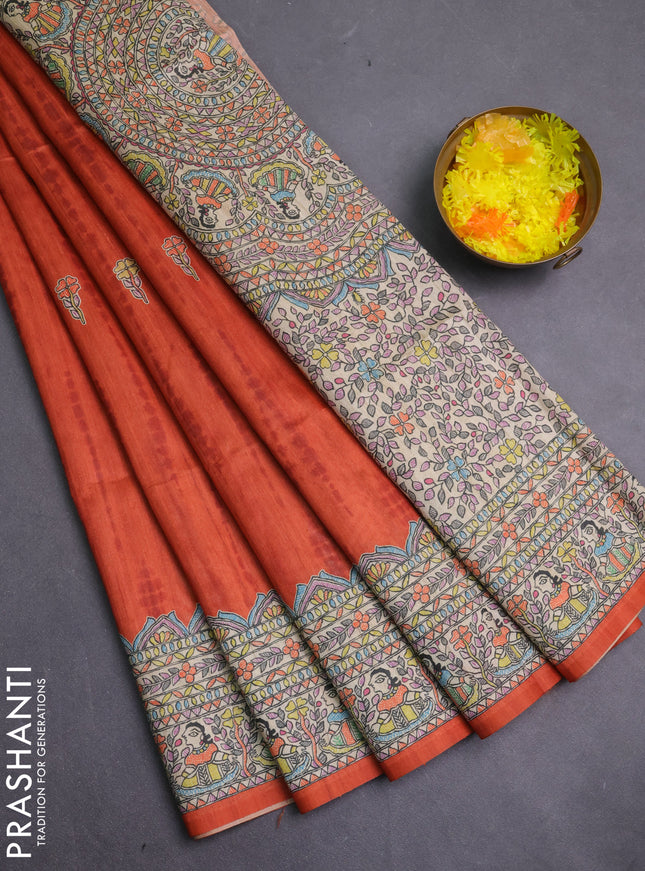Semi tussar saree orange and beige with butta prints and madhubani printed pallu & border