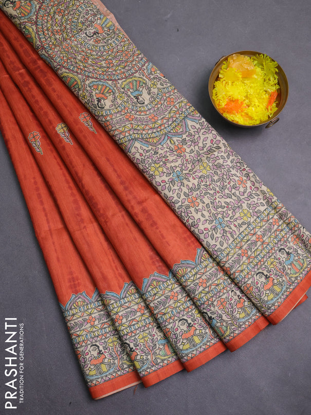 Semi tussar saree orange and beige with butta prints and madhubani printed pallu & border