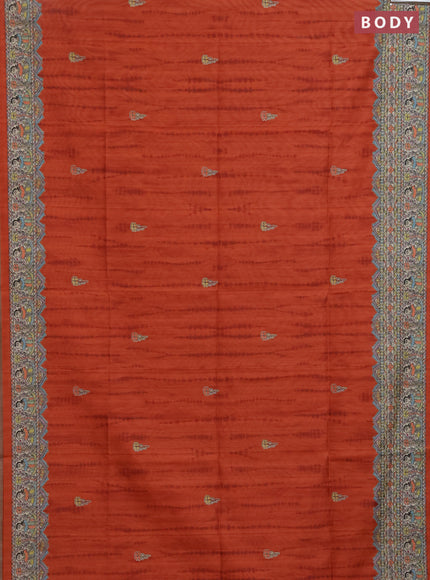 Semi tussar saree orange and beige with butta prints and madhubani printed pallu & border