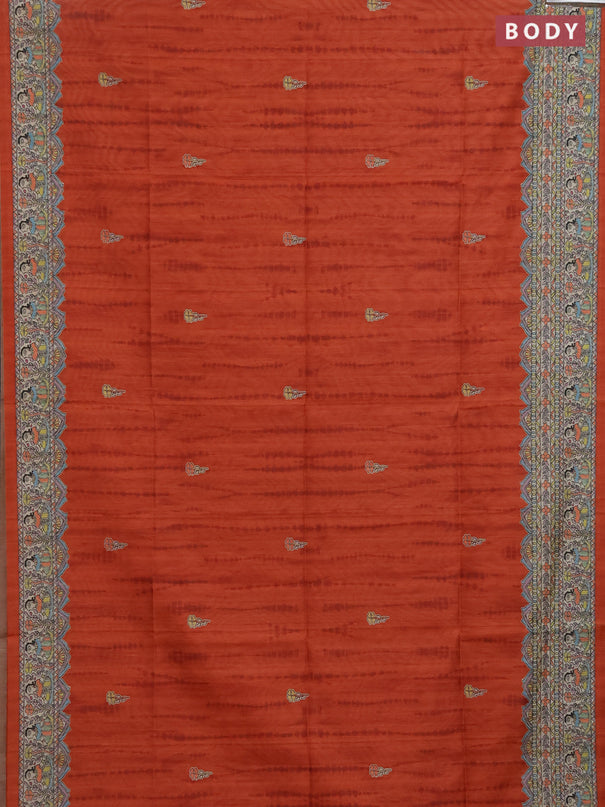 Semi tussar saree orange and beige with butta prints and madhubani printed pallu & border