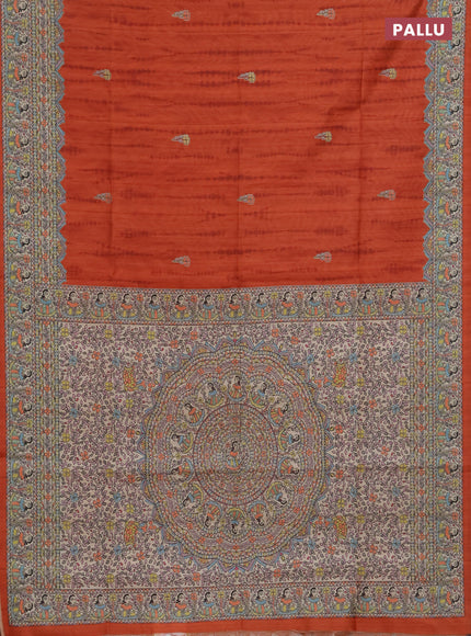 Semi tussar saree orange and beige with butta prints and madhubani printed pallu & border