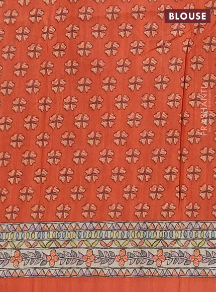 Semi tussar saree orange and beige with butta prints and madhubani printed pallu & border