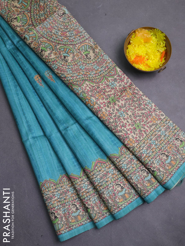 Semi tussar saree teal green and beige with butta prints and madhubani printed pallu & border