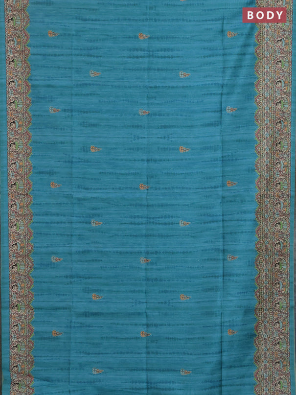 Semi tussar saree teal green and beige with butta prints and madhubani printed pallu & border