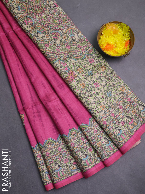 Semi tussar saree magenta pink and beige with butta prints and madhubani printed pallu & border