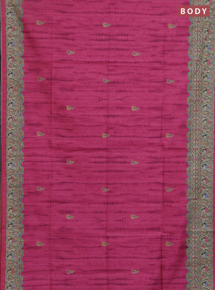 Semi tussar saree magenta pink and beige with butta prints and madhubani printed pallu & border