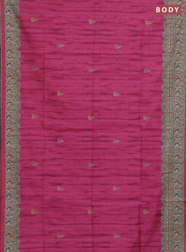 Semi tussar saree magenta pink and beige with butta prints and madhubani printed pallu & border