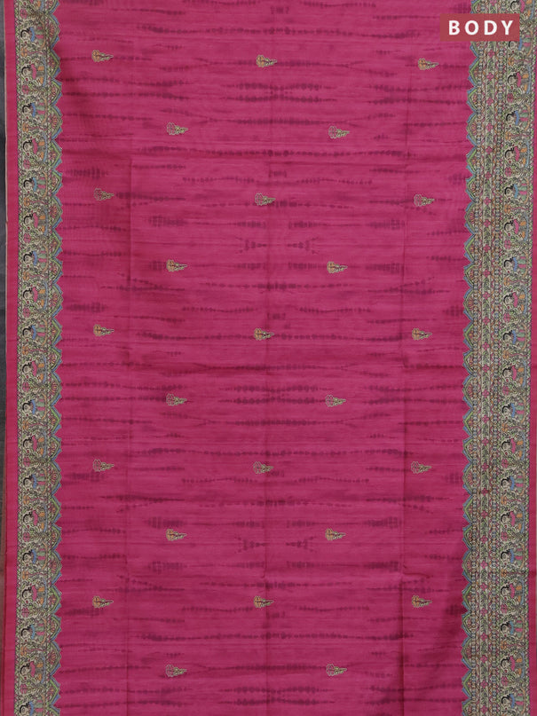 Semi tussar saree magenta pink and beige with butta prints and madhubani printed pallu & border