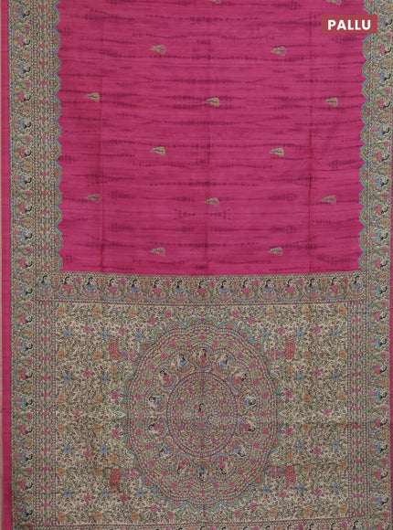 Semi tussar saree magenta pink and beige with butta prints and madhubani printed pallu & border