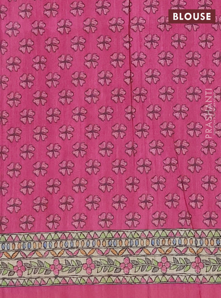 Semi tussar saree magenta pink and beige with butta prints and madhubani printed pallu & border