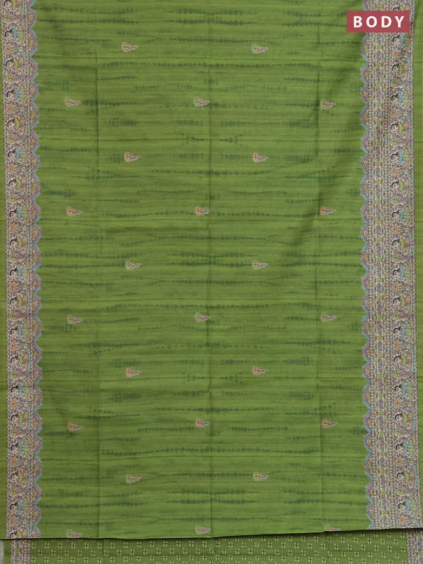 Semi tussar saree light green and beige with butta prints and madhubani printed pallu & border