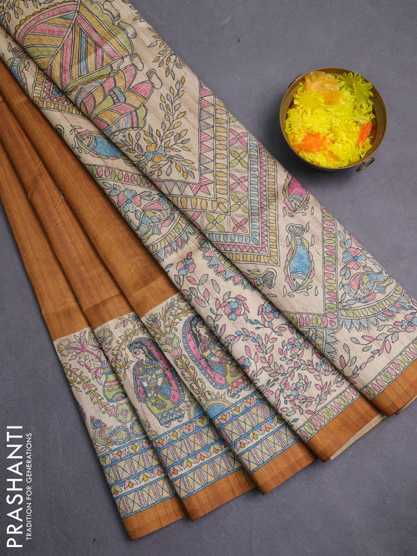 Semi tussar saree dark mustard and cream with paisley butta prints and madhubani printed pallu & border