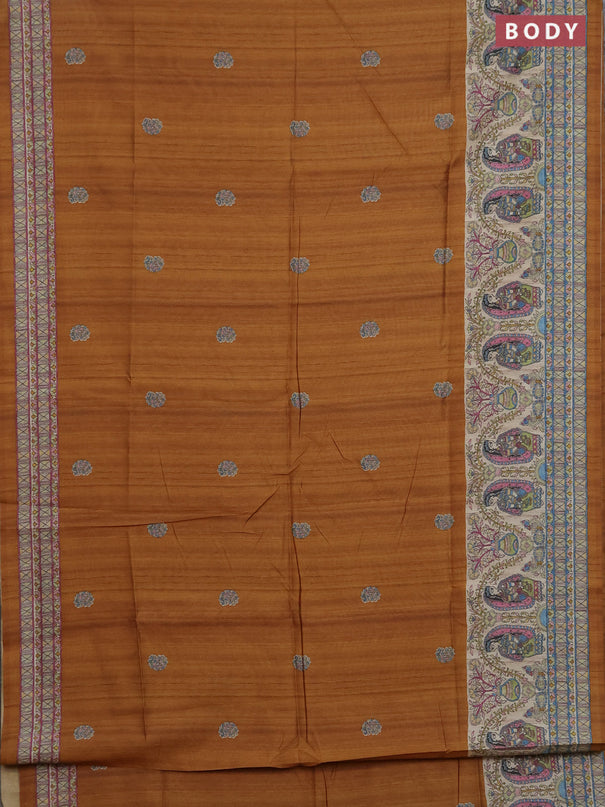 Semi tussar saree dark mustard and cream with paisley butta prints and madhubani printed pallu & border