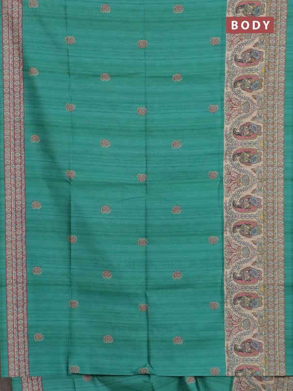 Semi tussar saree green and cream with paisley butta prints and madhubani printed pallu & border
