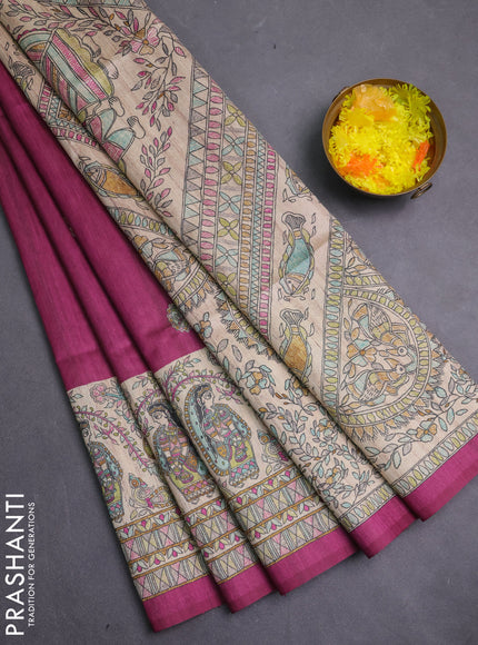 Semi tussar saree purple and cream with paisley butta prints and madhubani printed pallu & border