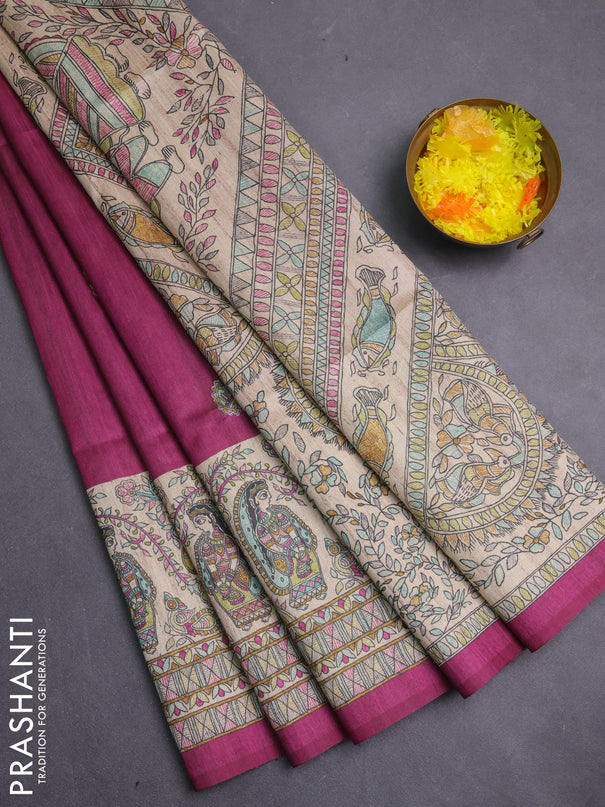 Semi tussar saree purple and cream with paisley butta prints and madhubani printed pallu & border