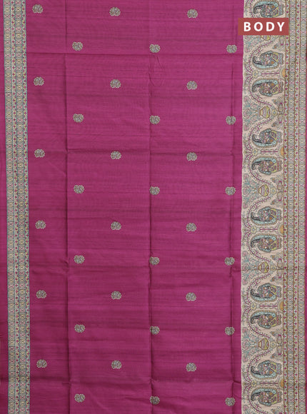 Semi tussar saree purple and cream with paisley butta prints and madhubani printed pallu & border