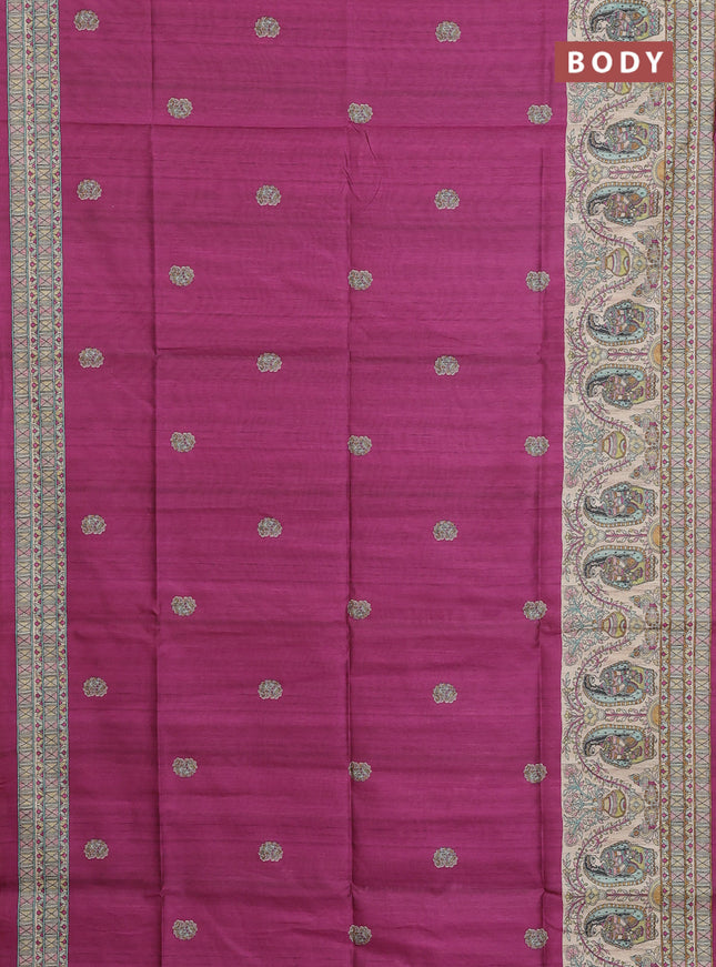 Semi tussar saree purple and cream with paisley butta prints and madhubani printed pallu & border