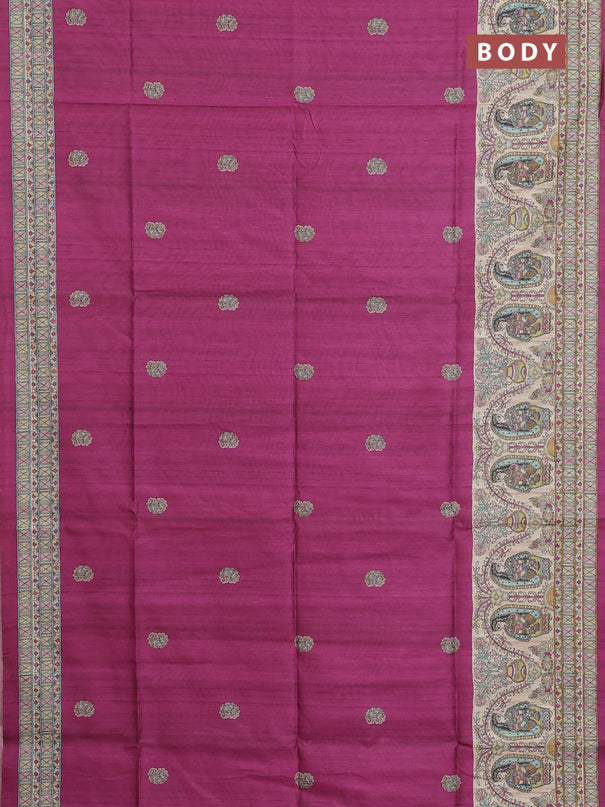 Semi tussar saree purple and cream with paisley butta prints and madhubani printed pallu & border