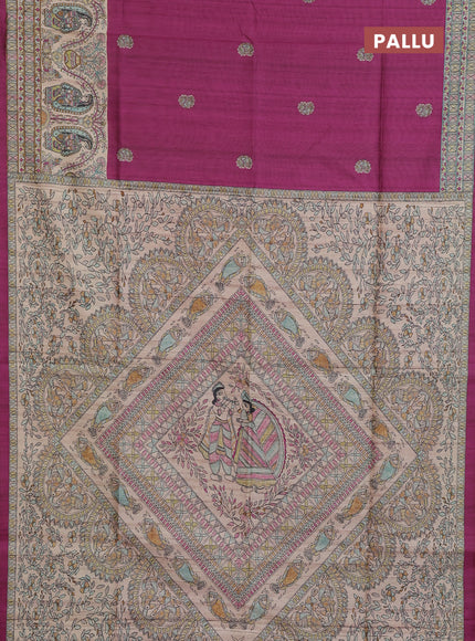 Semi tussar saree purple and cream with paisley butta prints and madhubani printed pallu & border