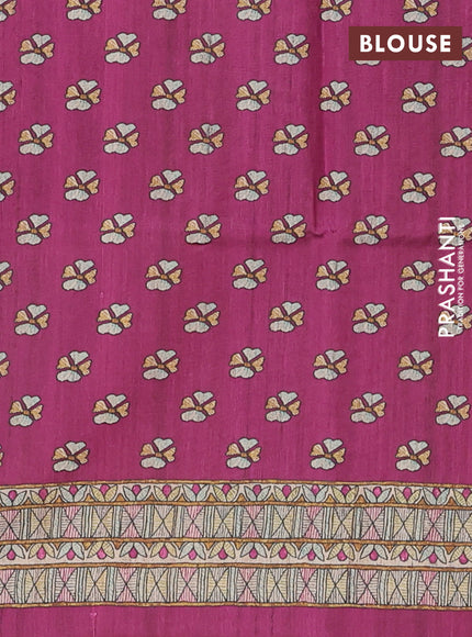 Semi tussar saree purple and cream with paisley butta prints and madhubani printed pallu & border