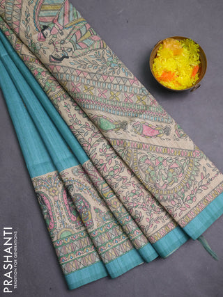 Semi tussar saree teal green and cream with paisley butta prints and madhubani printed pallu & border