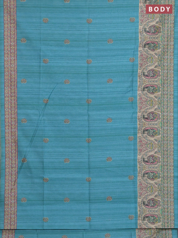 Semi tussar saree teal green and cream with paisley butta prints and madhubani printed pallu & border