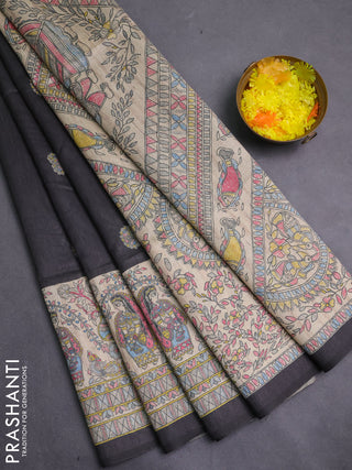 Semi tussar saree black and cream with paisley butta prints and madhubani printed pallu & border