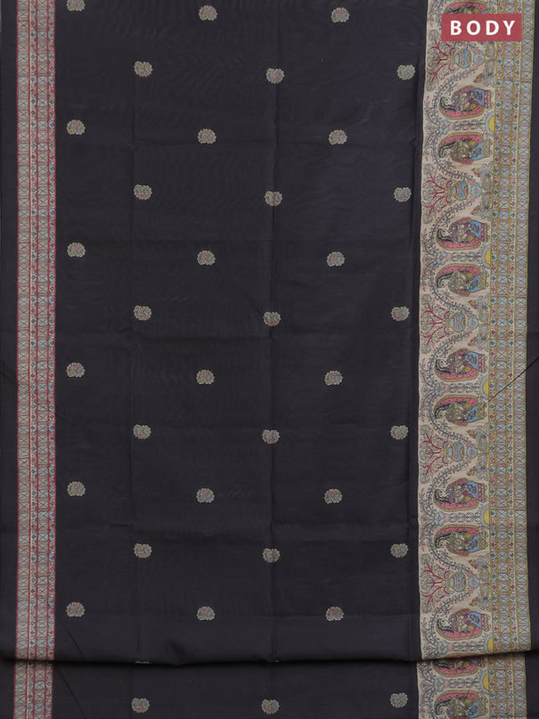 Semi tussar saree black and cream with paisley butta prints and madhubani printed pallu & border