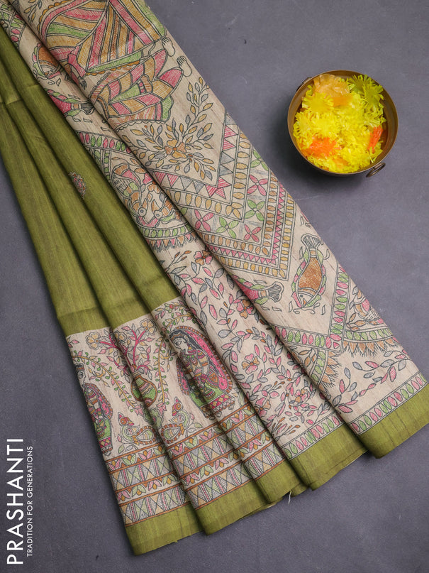 Semi tussar saree light green and cream with paisley butta prints and madhubani printed pallu & border