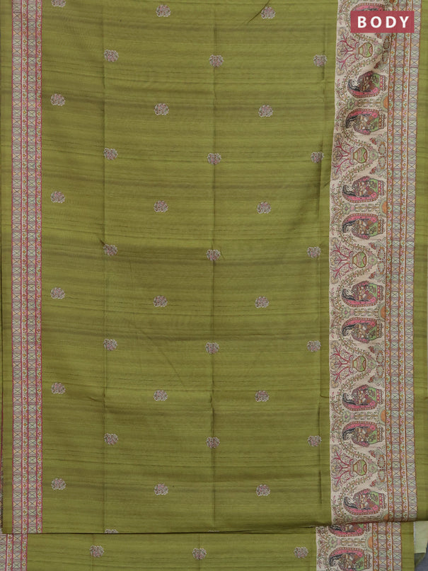 Semi tussar saree light green and cream with paisley butta prints and madhubani printed pallu & border