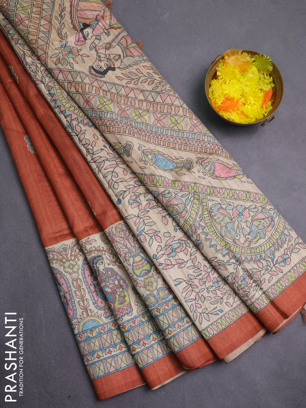 Semi tussar saree brown and cream with paisley butta prints and madhubani printed pallu & border