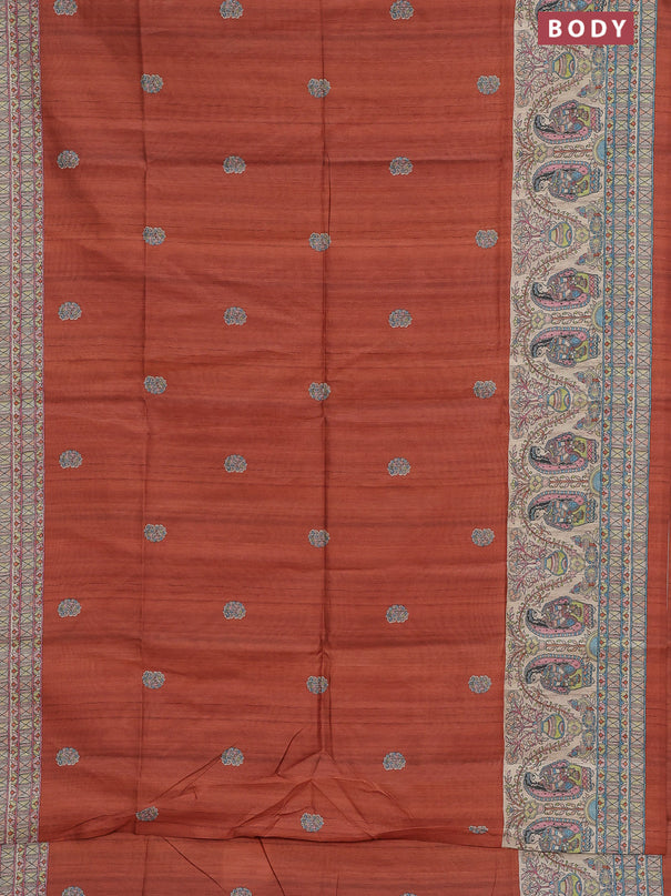 Semi tussar saree brown and cream with paisley butta prints and madhubani printed pallu & border