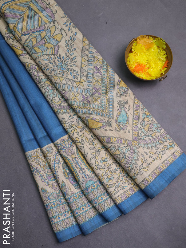 Semi tussar saree blue and cream with paisley butta prints and madhubani printed pallu & border