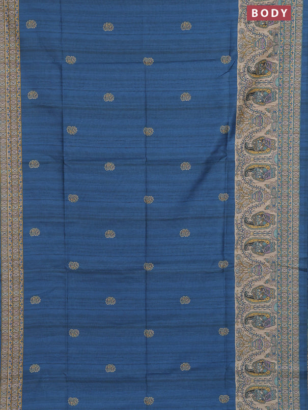 Semi tussar saree blue and cream with paisley butta prints and madhubani printed pallu & border