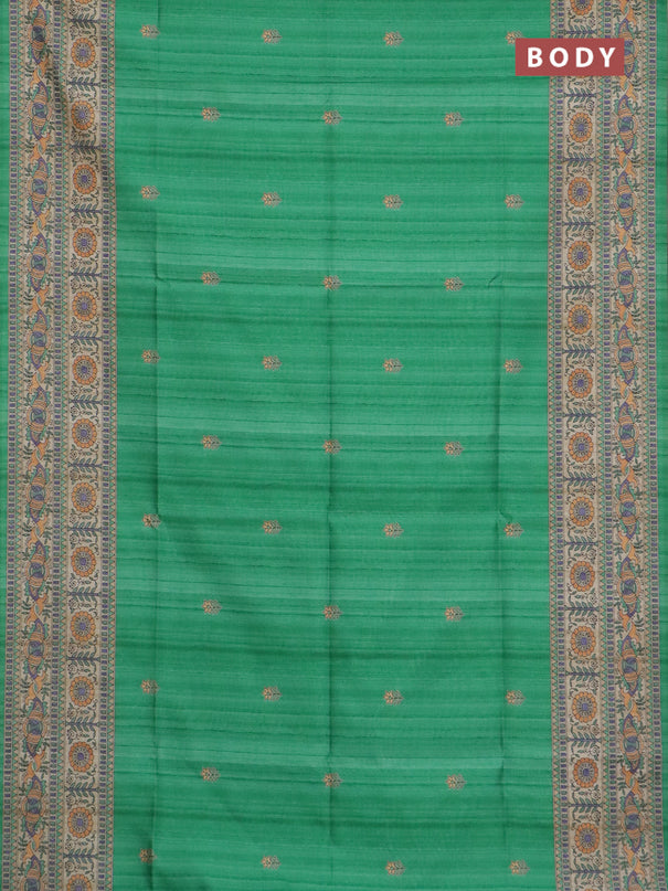 Semi tussar saree green and beige with butta prints and madhubani printed pallu & border