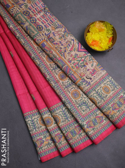 Semi tussar saree candy pink and beige with butta prints and madhubani printed pallu & border
