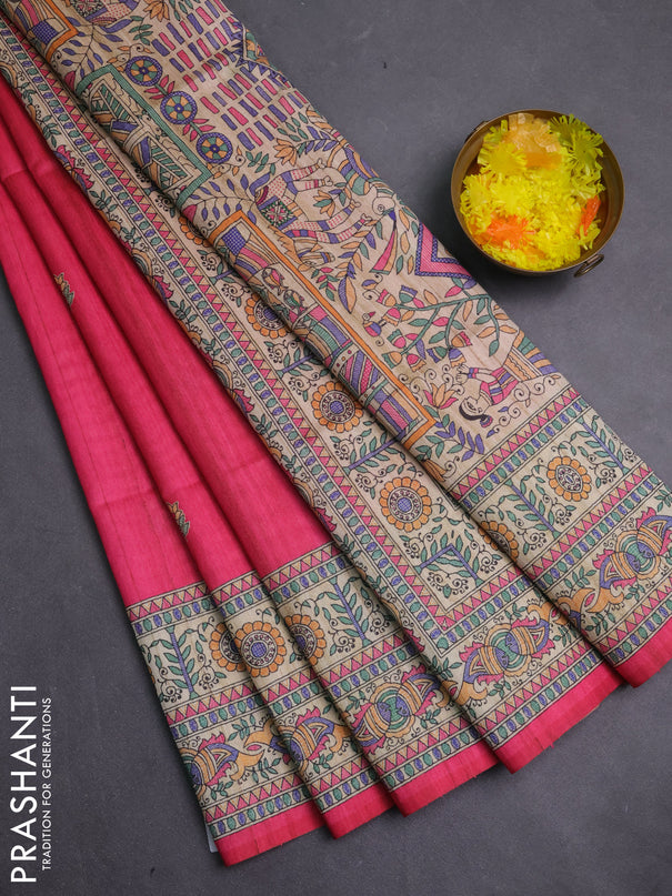 Semi tussar saree candy pink and beige with butta prints and madhubani printed pallu & border