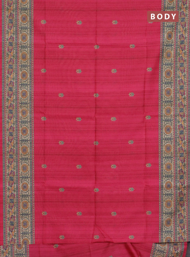 Semi tussar saree candy pink and beige with butta prints and madhubani printed pallu & border