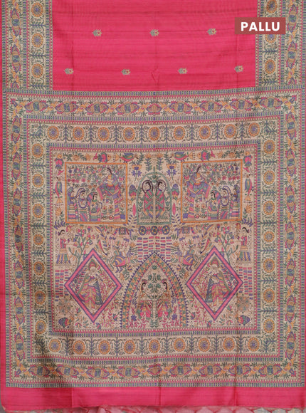 Semi tussar saree candy pink and beige with butta prints and madhubani printed pallu & border
