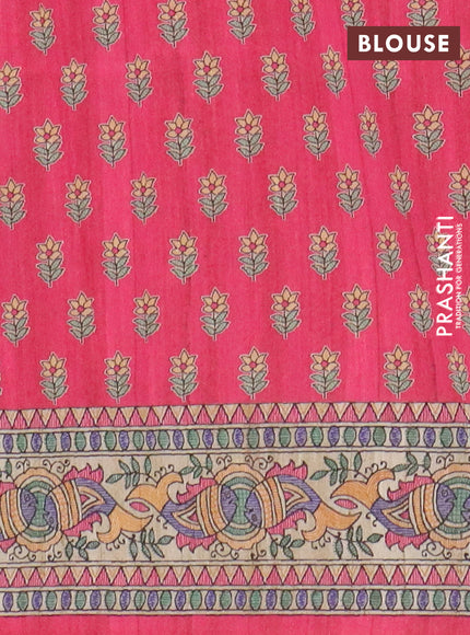 Semi tussar saree candy pink and beige with butta prints and madhubani printed pallu & border