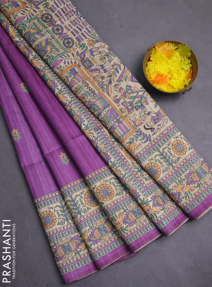 Semi tussar saree purple and beige with butta prints and madhubani printed pallu & border